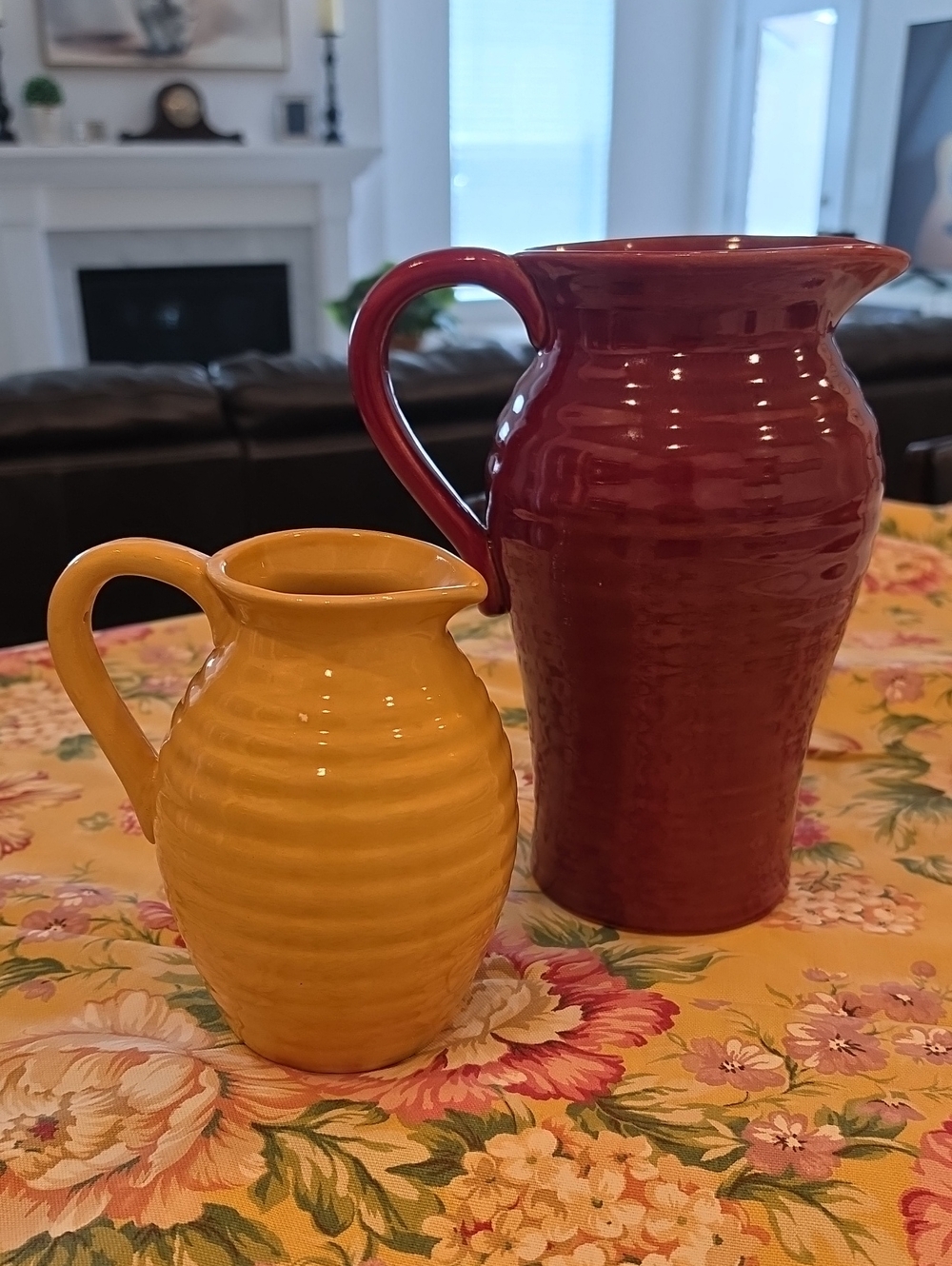 Vintage Studio Pottery Pitchers Set of 2 Mustard Yellow Burgundy Handmade